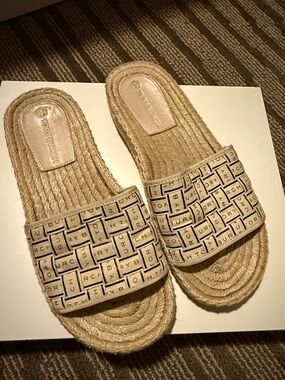 Tory Burch Natural Woven Logo Slide Mules